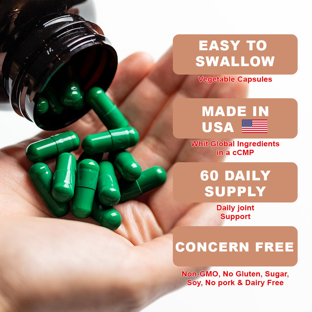 Green capsules being poured from a bottle into a hand, with product features highlighted.