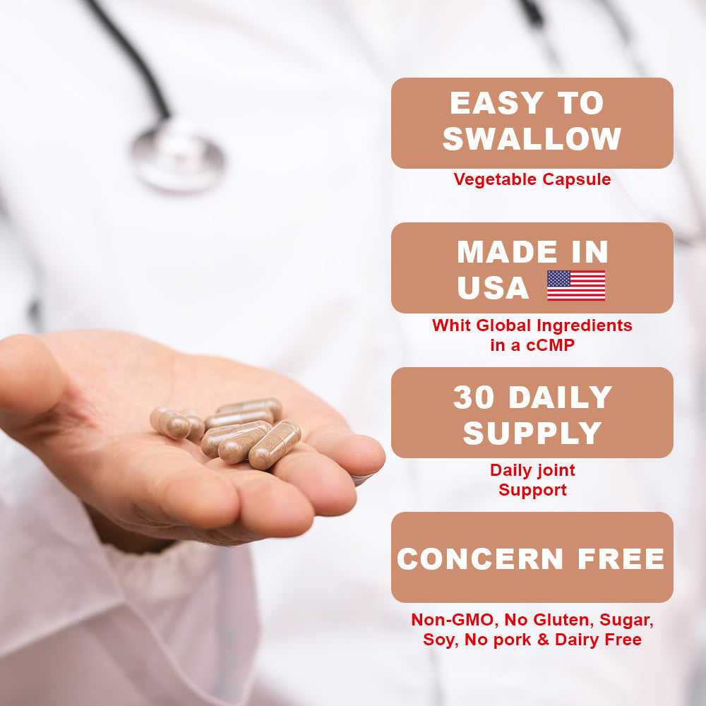 Hand holding capsules with product features highlighted on a blurred medical background