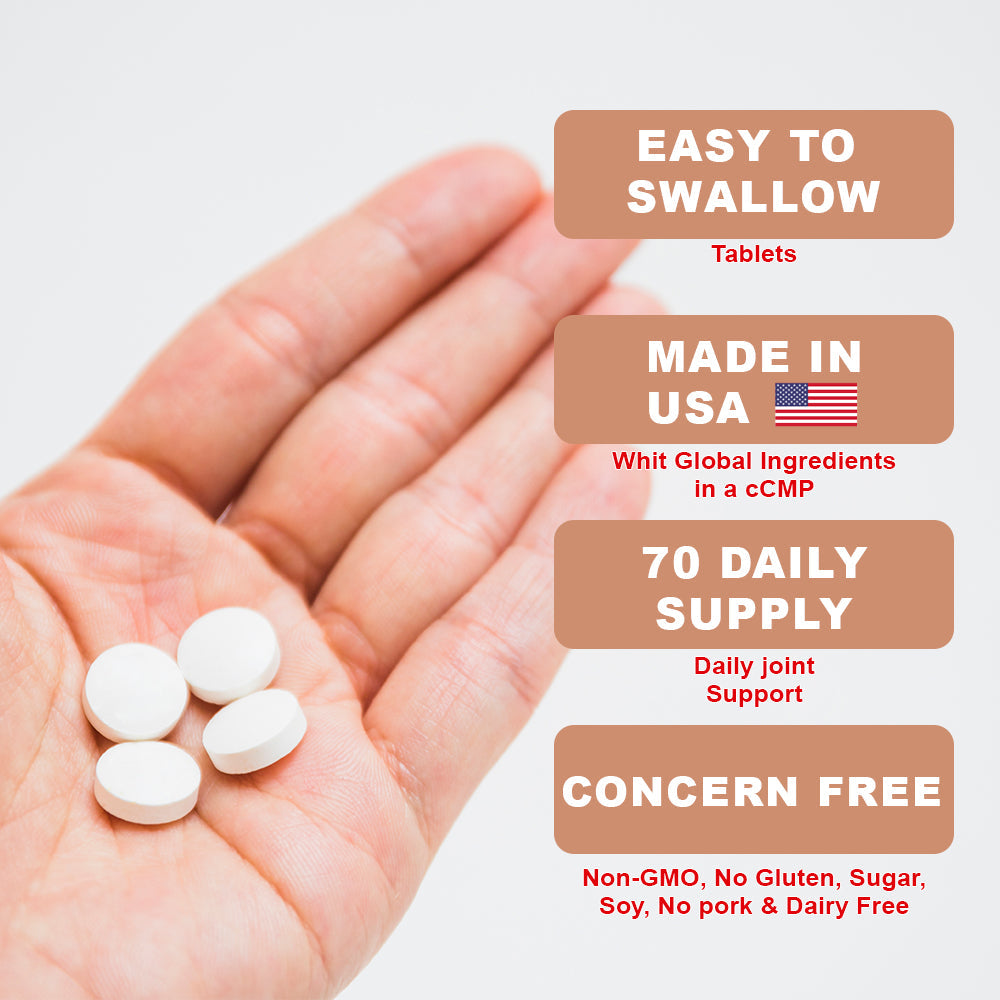 Hand holding white pills with product features text on a light gray background