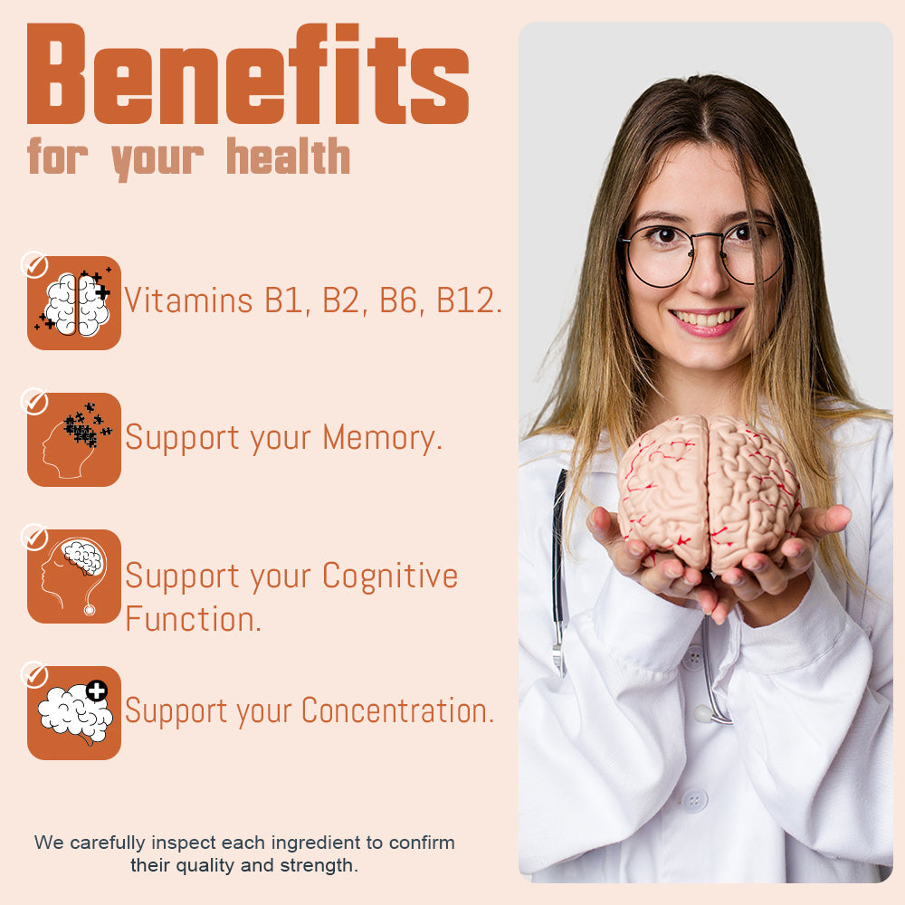 Woman holding a model of a brain with health benefits text on a beige background