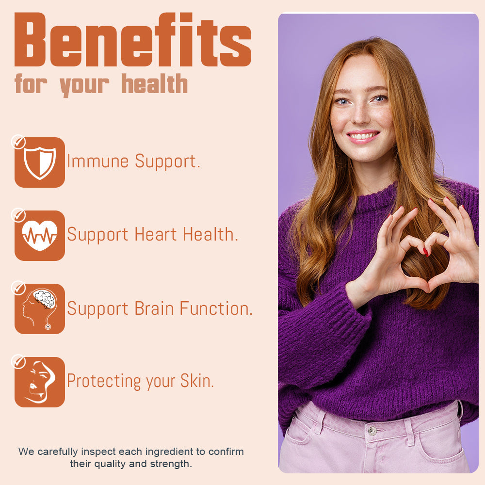 Woman in purple sweater with heart gesture on a beige background with health benefits text.