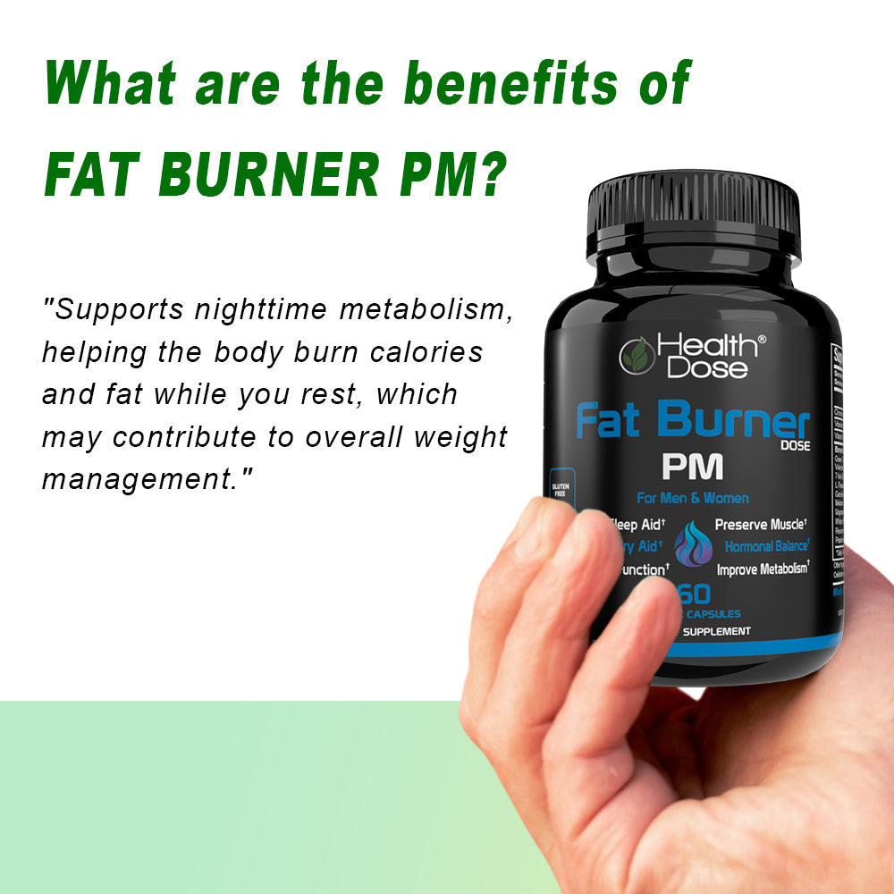 Hand holding a bottle of Health Dose Fat Burner PM with text about its benefits on a white background.