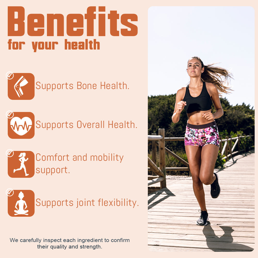 Woman running on a wooden path with health benefits text on the side