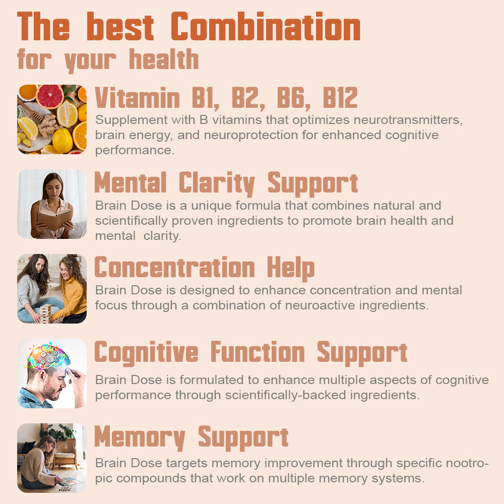 Promotional text about Brain Dose supplement with images and text on health benefits.
