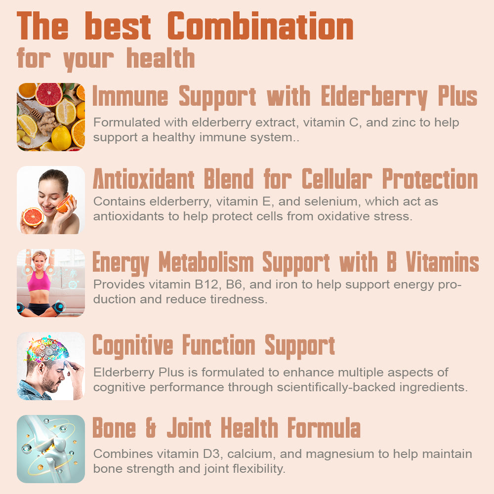 Health supplement product description with images and text on a beige background