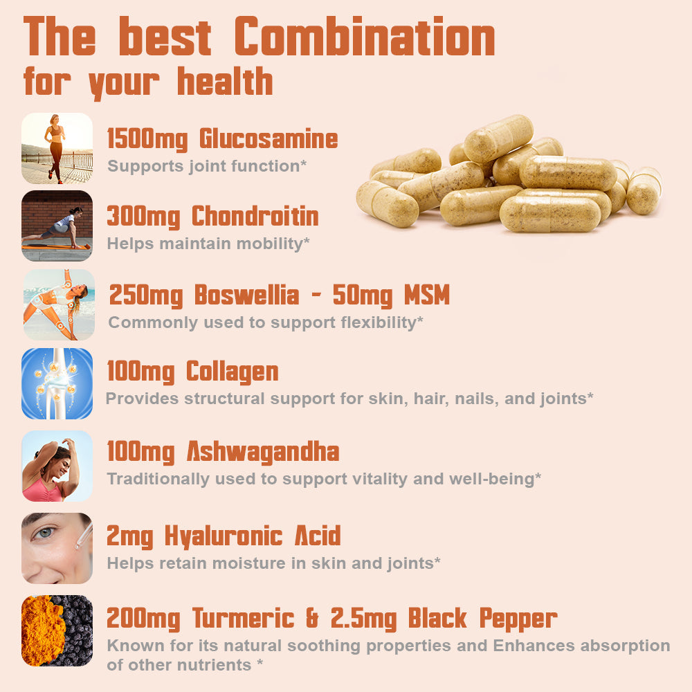 Supplement capsules with health benefits listed on a beige background