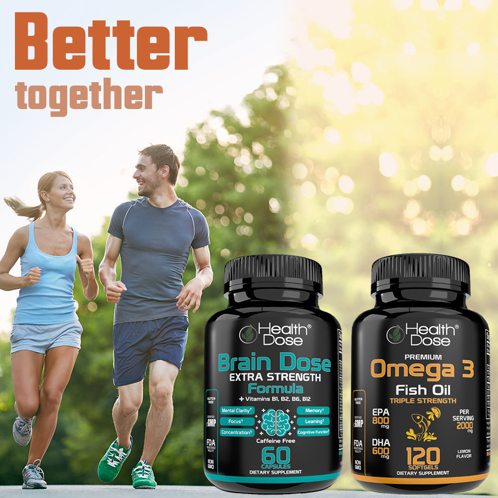 Two people running outdoors with Health Dose Brain Dose and Omega 3 supplements in the foreground.
