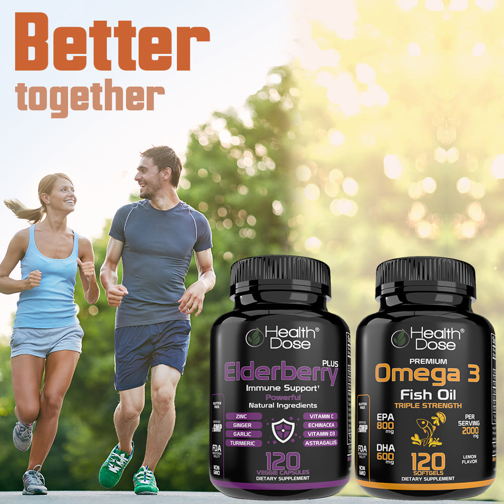 Two people running outdoors with Health Dose Elderberry and Omega 3 Fish Oil supplements in the foreground.