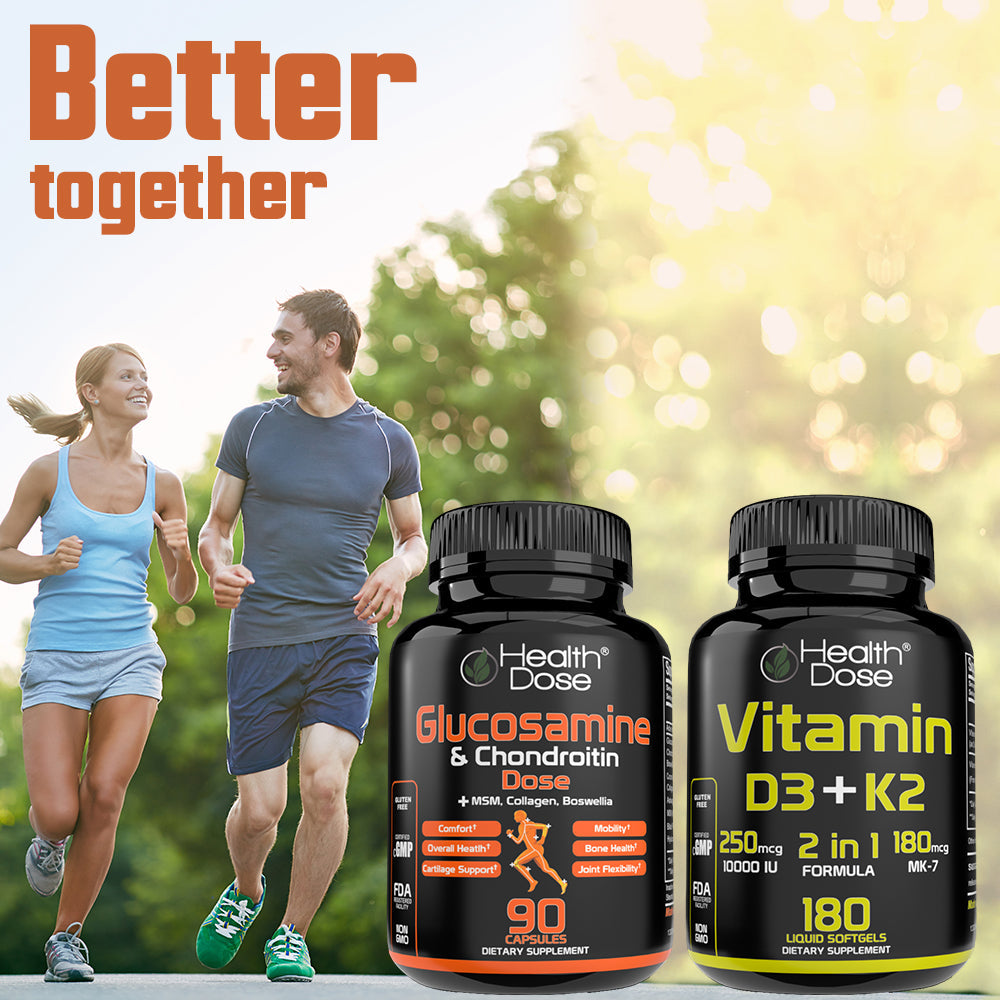 Two people running outdoors with Health Dose Glucosamine & Chondroitin and Vitamin D3 + K2 bottles in the foreground.