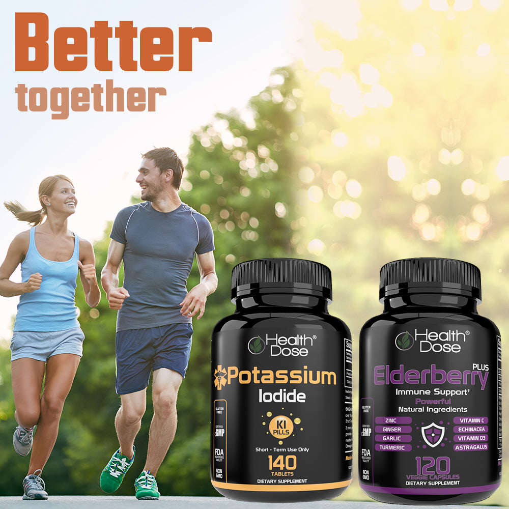 Two people running outdoors with Health Dose Potassium Iodide and Elderberry Plus supplements displayed.