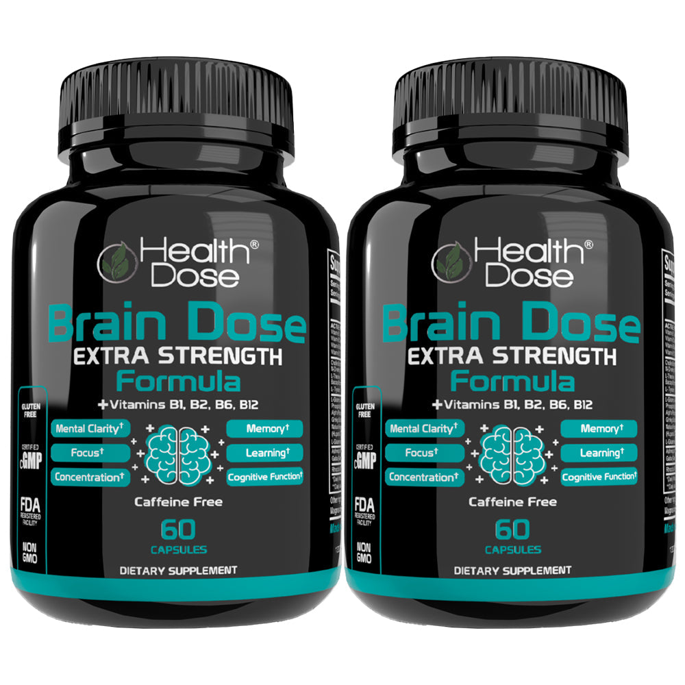 Two bottles of Health Dose Brain Dose Extra Strength Formula on a white background