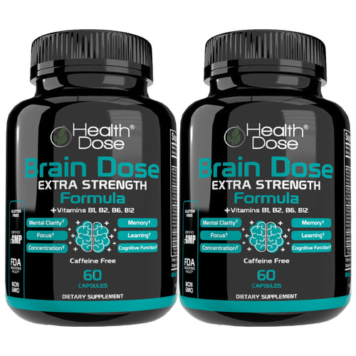 Two bottles of Health Dose Brain Dose Extra Strength Formula on a white background