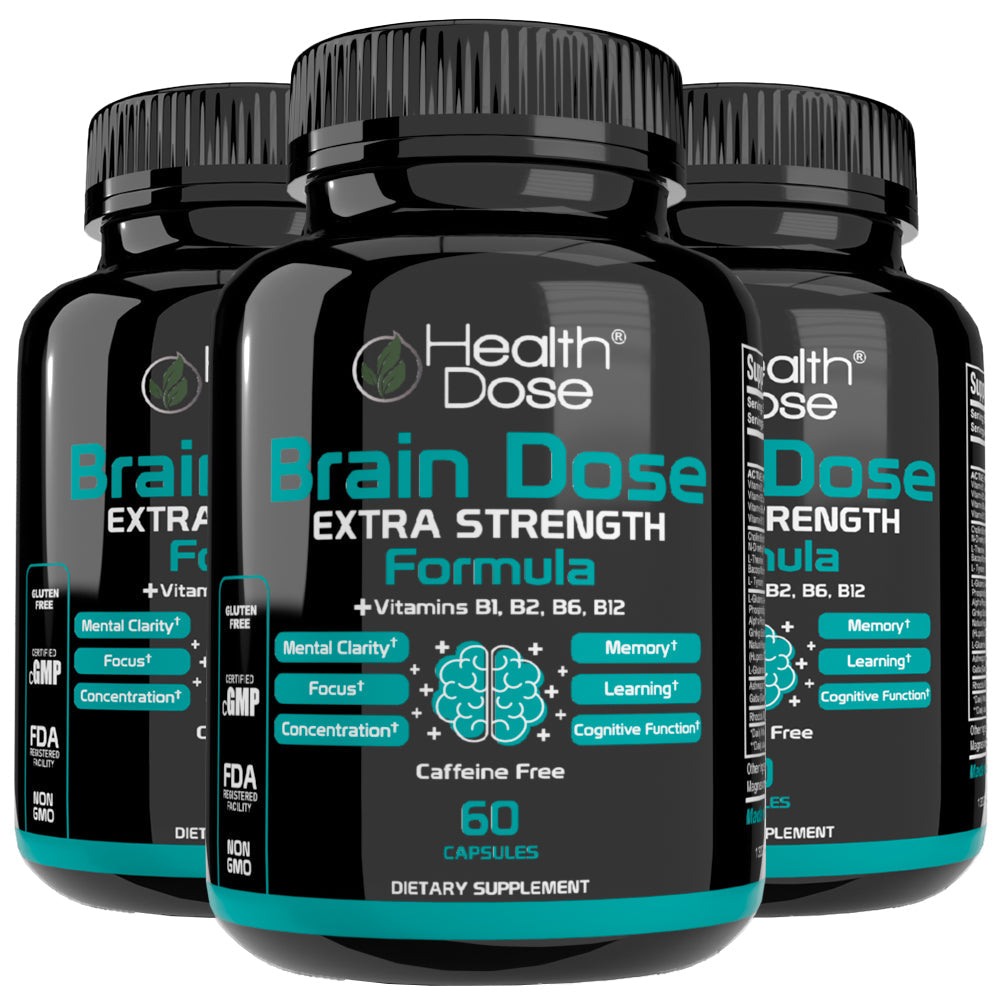 Four bottles of Health Dose Brain Dose Extra Strength Formula on a white background