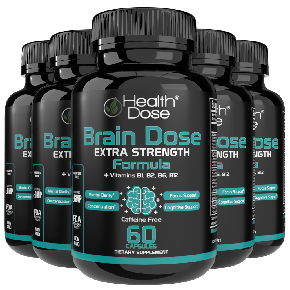 Multiple bottles of Health Dose Brain Dose Extra Strength Formula on a white background