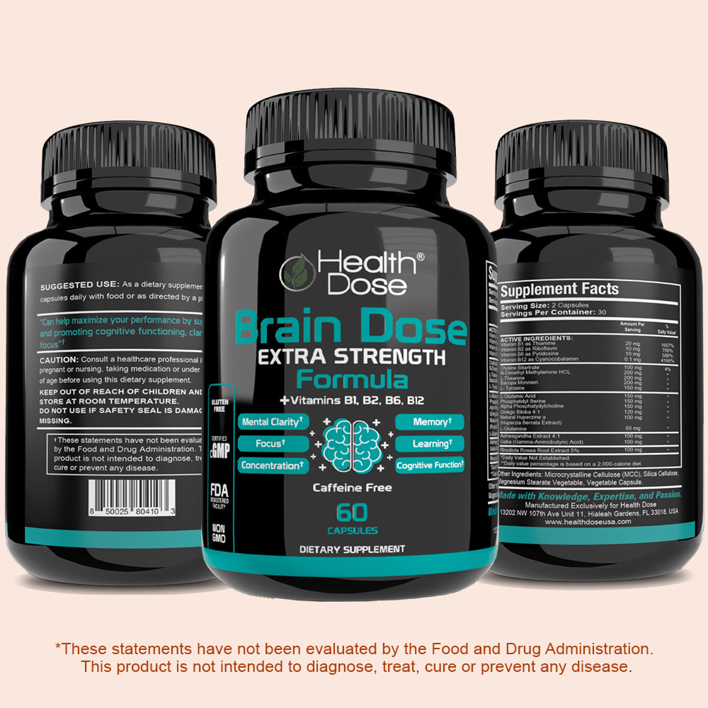 Three bottles of Health Dose Brain Dose Extra Strength Formula on a beige background