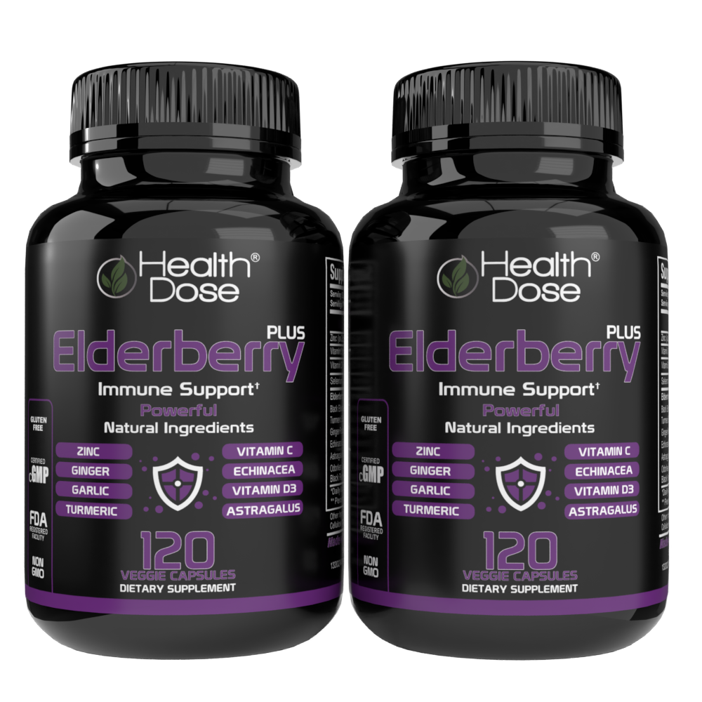 Two bottles of Health Dose Elderberry Plus immune support supplement on a white background