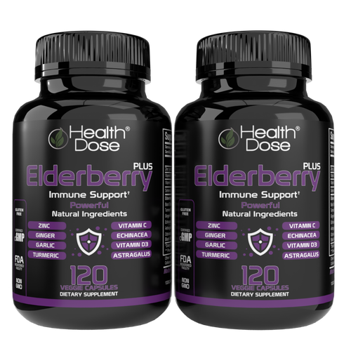 Two bottles of Health Dose Elderberry Plus immune support supplement on a white background