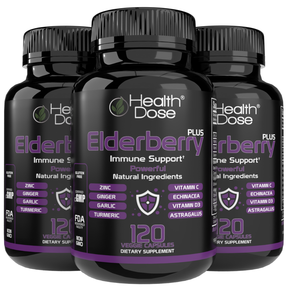 Three bottles of Health Dose Elderberry Plus immune support supplement on a white background