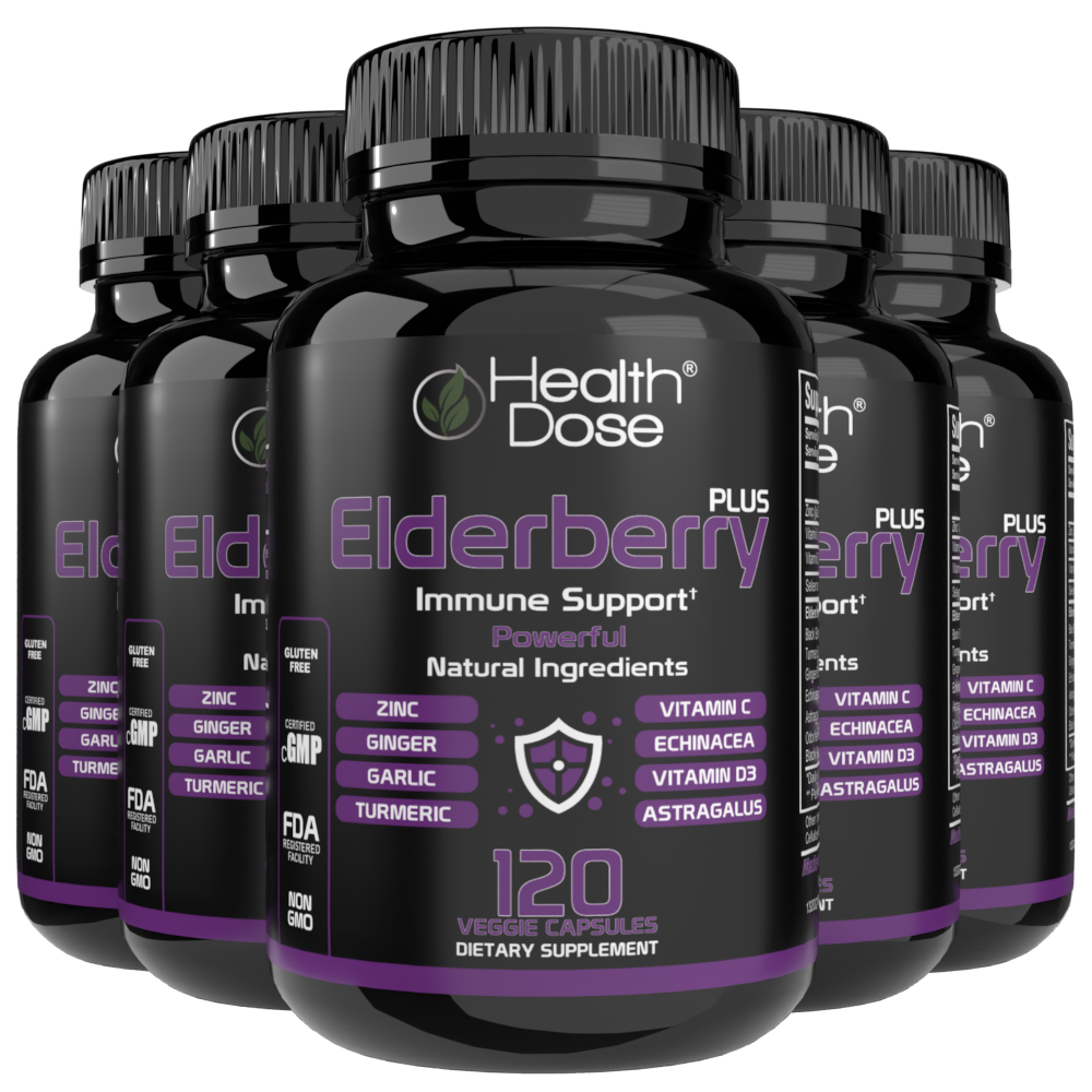 Multiple bottles of Health Dose Elderberry Plus supplement on a white background