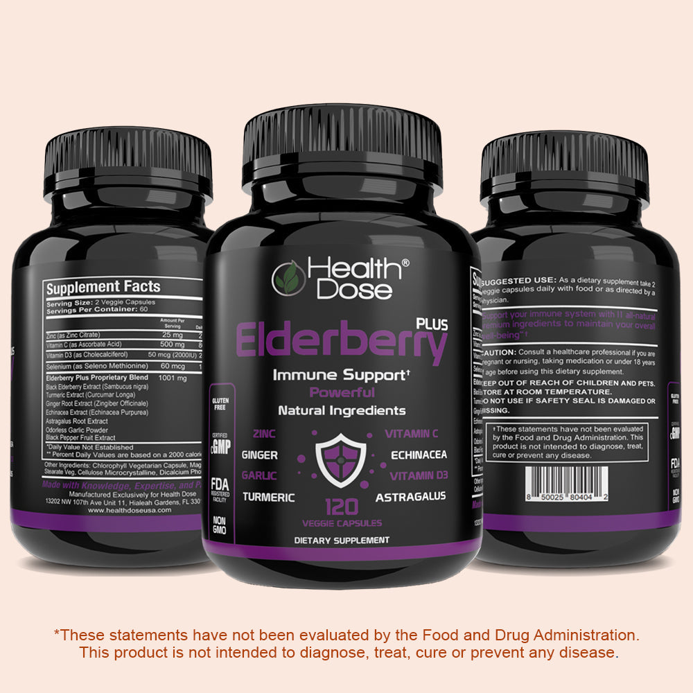 Three bottles of Health Dose Elderberry Plus immune support supplement on a beige background