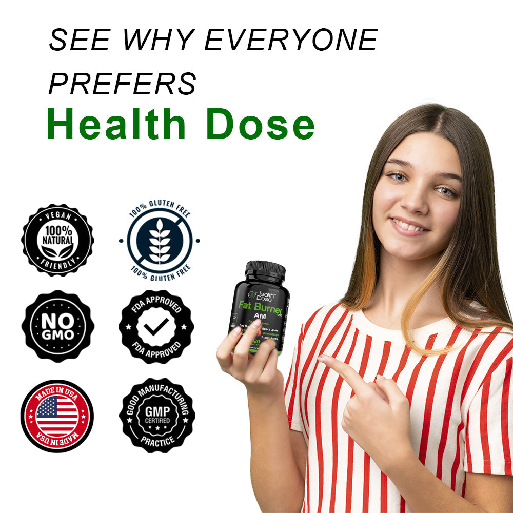 Woman holding a supplement bottle with 'Health Dose' branding and product features listed.
