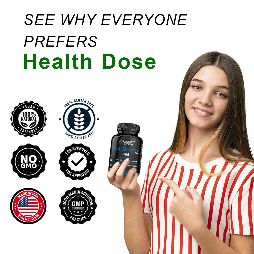Woman holding a supplement bottle with 'Health Dose' branding and product features listed.