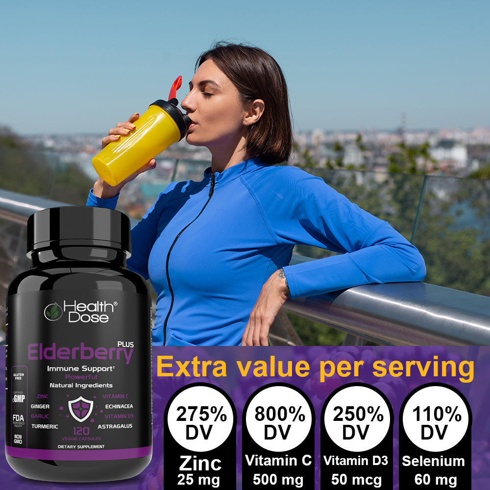 Woman drinking from a yellow water bottle with Health Dose supplement bottle and nutritional information displayed.