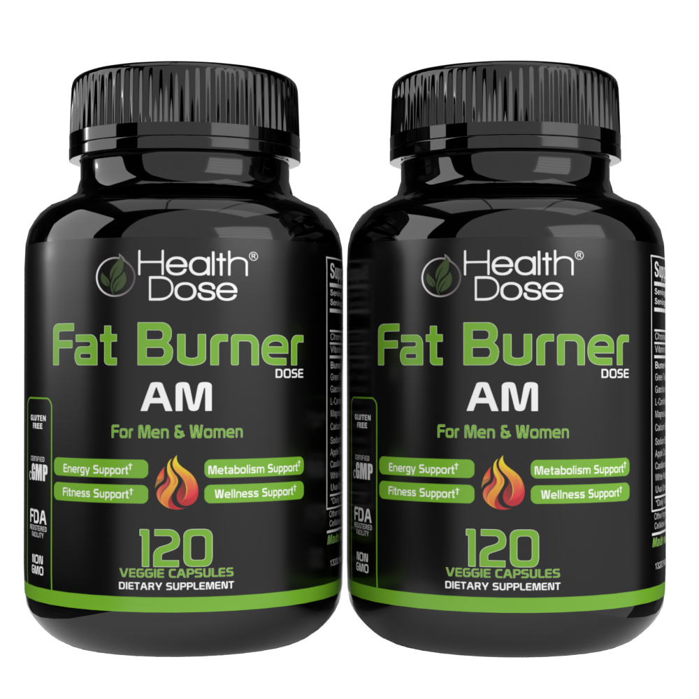 Two bottles of Health Dose Fat Burner AM dietary supplements on a white background