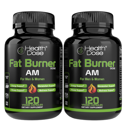 Two bottles of Health Dose Fat Burner AM dietary supplements on a white background