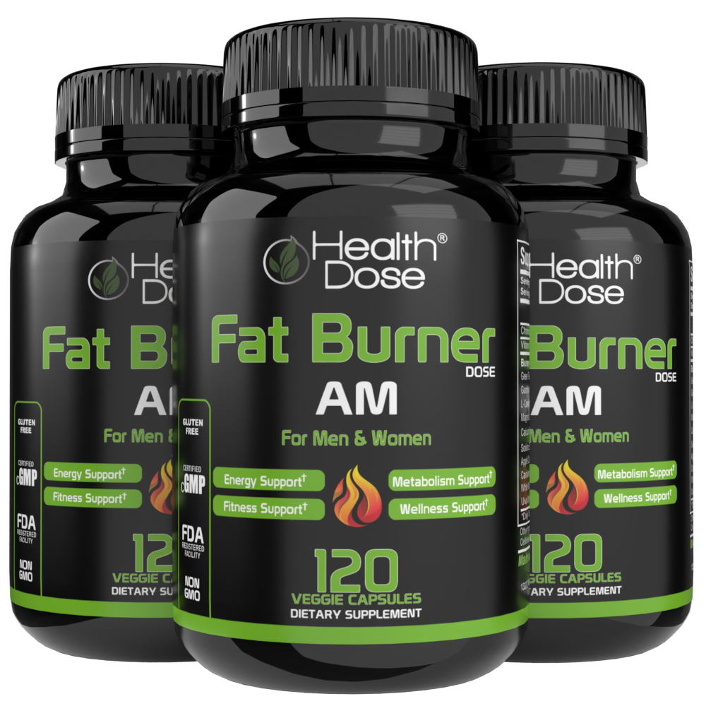 Four bottles of Health Dose Fat Burner AM dietary supplements on a white background