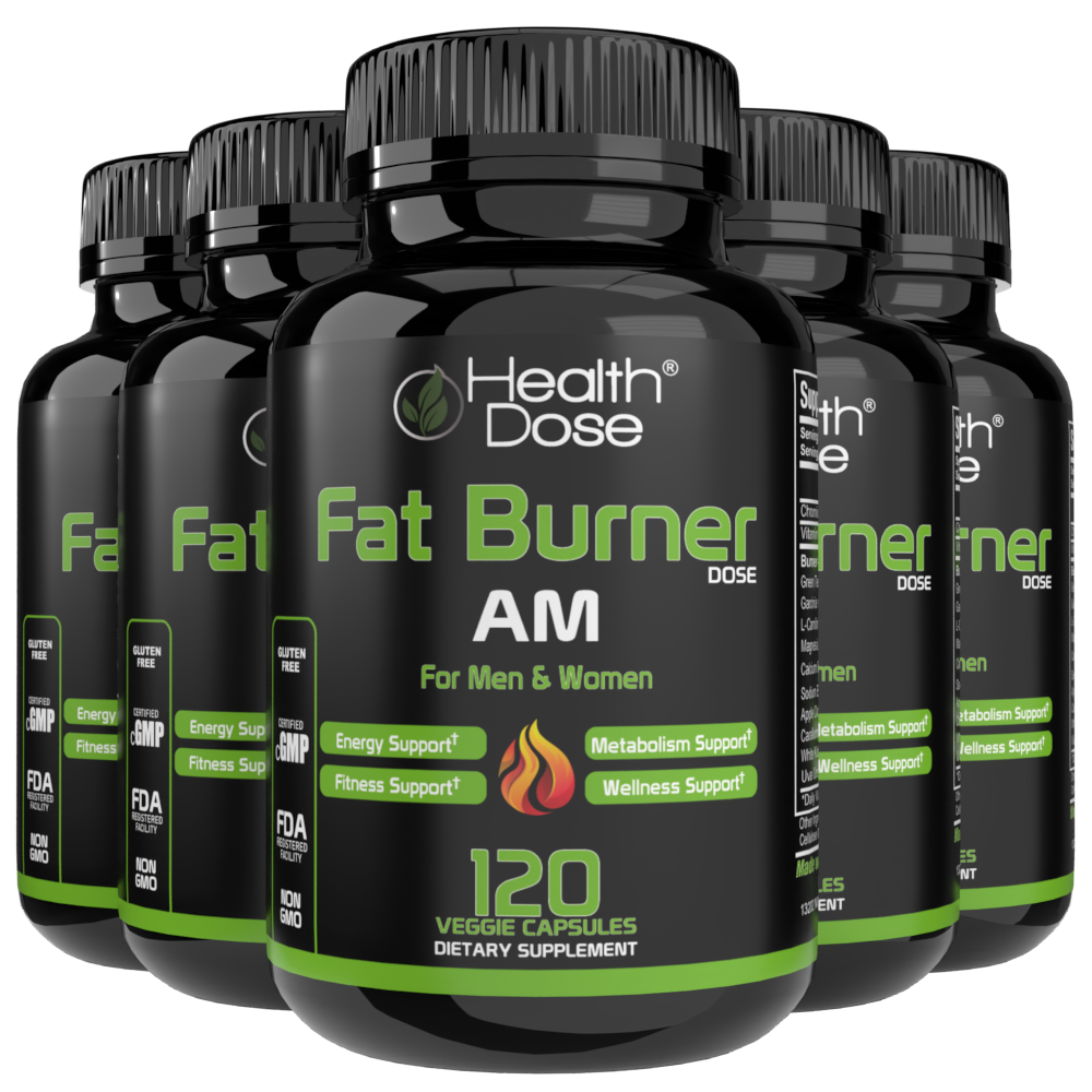 Multiple bottles of Health Dose Fat Burner AM supplement on a white background