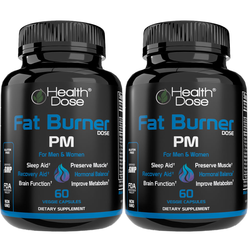 Two bottles of Health Dose Fat Burner PM dietary supplements on a white background