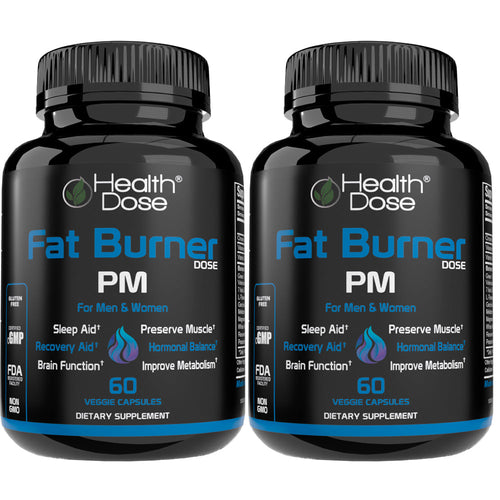 Two bottles of Health Dose Fat Burner PM dietary supplements on a white background
