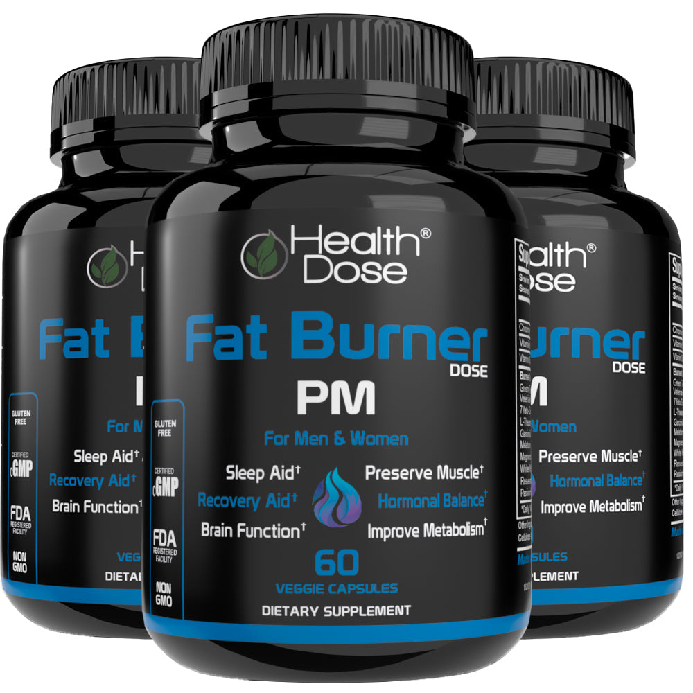 Three bottles of Health Dose Fat Burner PM dietary supplement on a white background