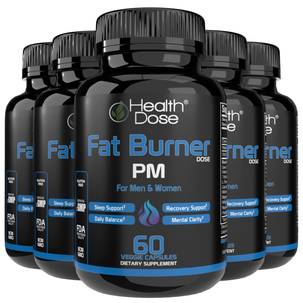 Multiple bottles of Health Dose Fat Burner PM dietary supplement on a white background