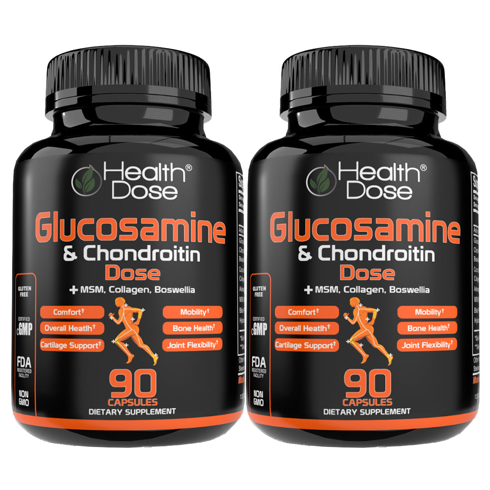 Two bottles of Health Dose Glucosamine & Chondroitin supplement on a white background