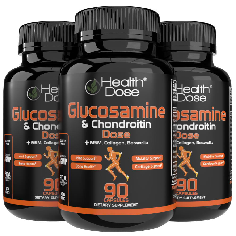 Four bottles of Health Dose Glucosamine & Chondroitin Dose supplement on a white background