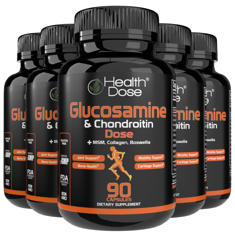 Multiple bottles of Health Dose Glucosamine & Chondroitin supplement on a white background