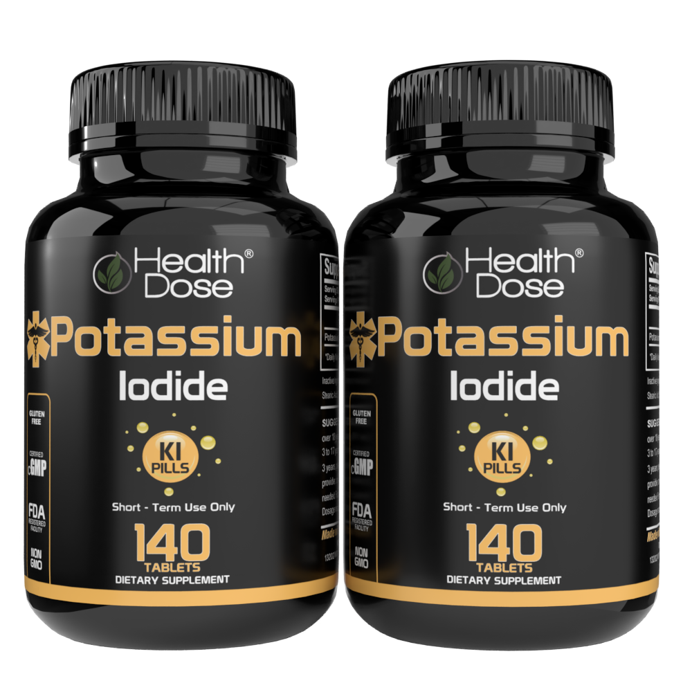Two bottles of Health Dose Potassium Iodide on a white background