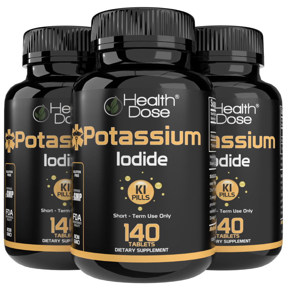 Three bottles of Health Dose Potassium Iodide supplements on a white background