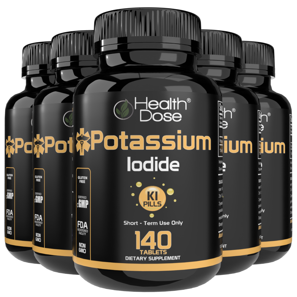 Multiple bottles of Health Dose Potassium Iodide supplement on a white background