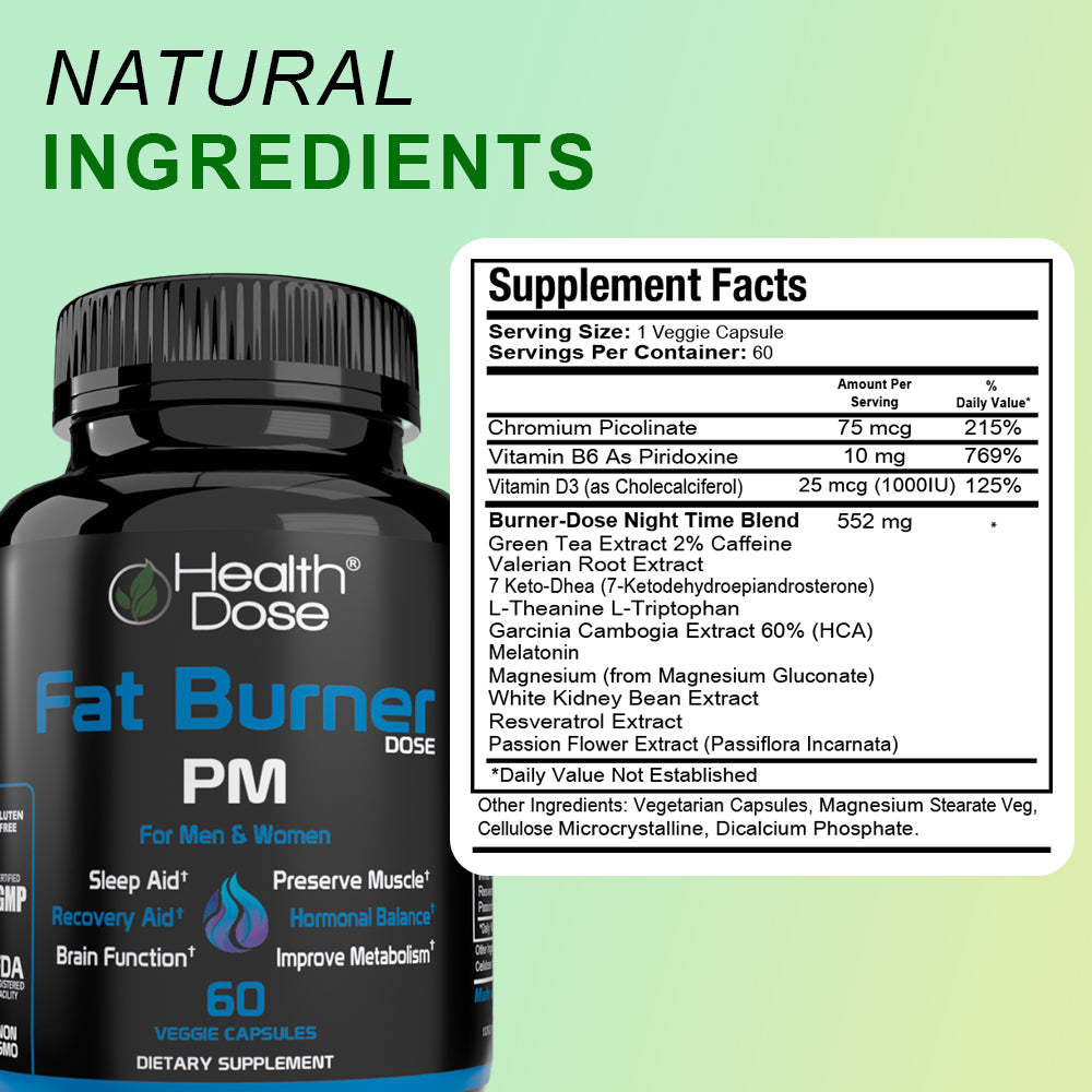 Health Dose Fat Burner PM supplement bottle with label on a green background
