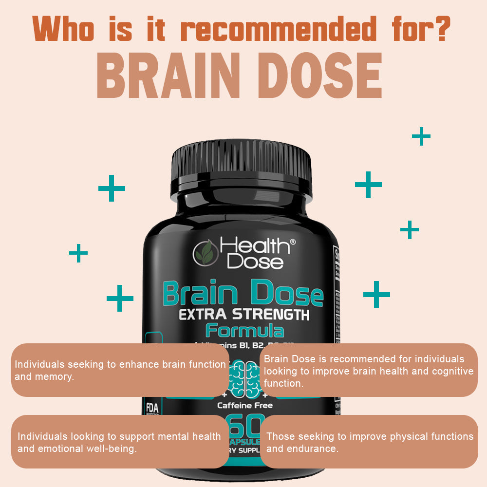 Health Dose Brain Dose Extra Strength Formula supplement bottle with text on a beige background