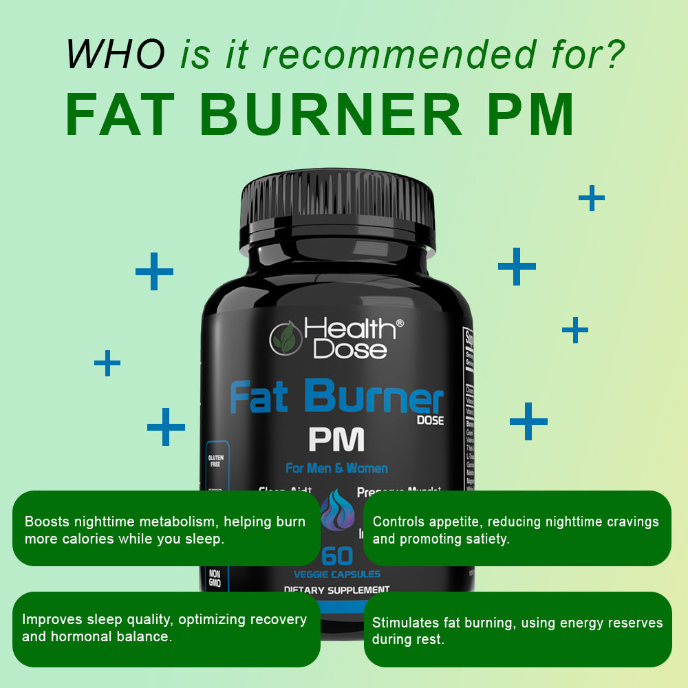 Fat Burner PM supplement bottle with Health Dose branding on a green background
