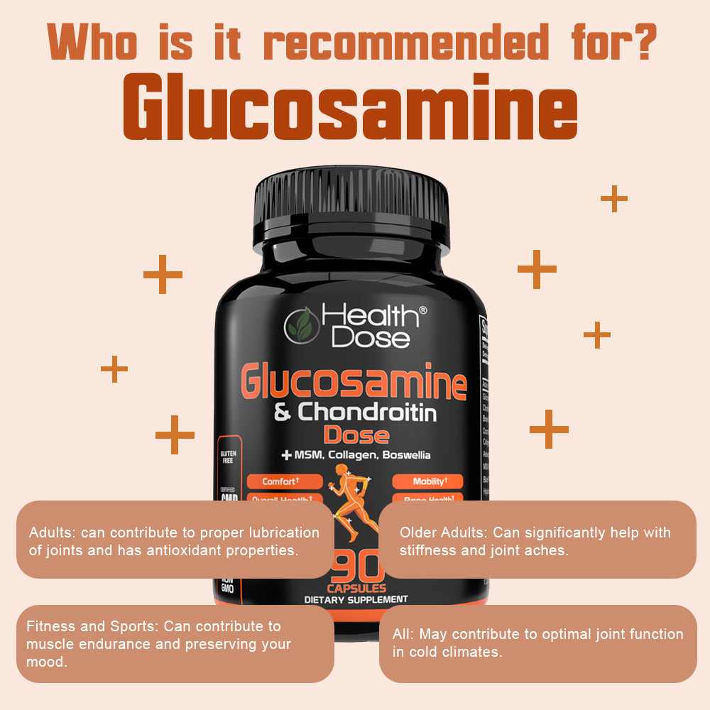 Health Dose Glucosamine & Chondroitin supplement bottle with usage information on a beige background
