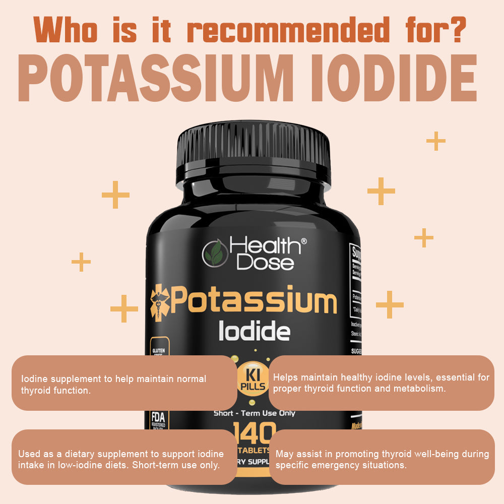 Health Dose Potassium Iodide supplement bottle with text about its uses on a beige background